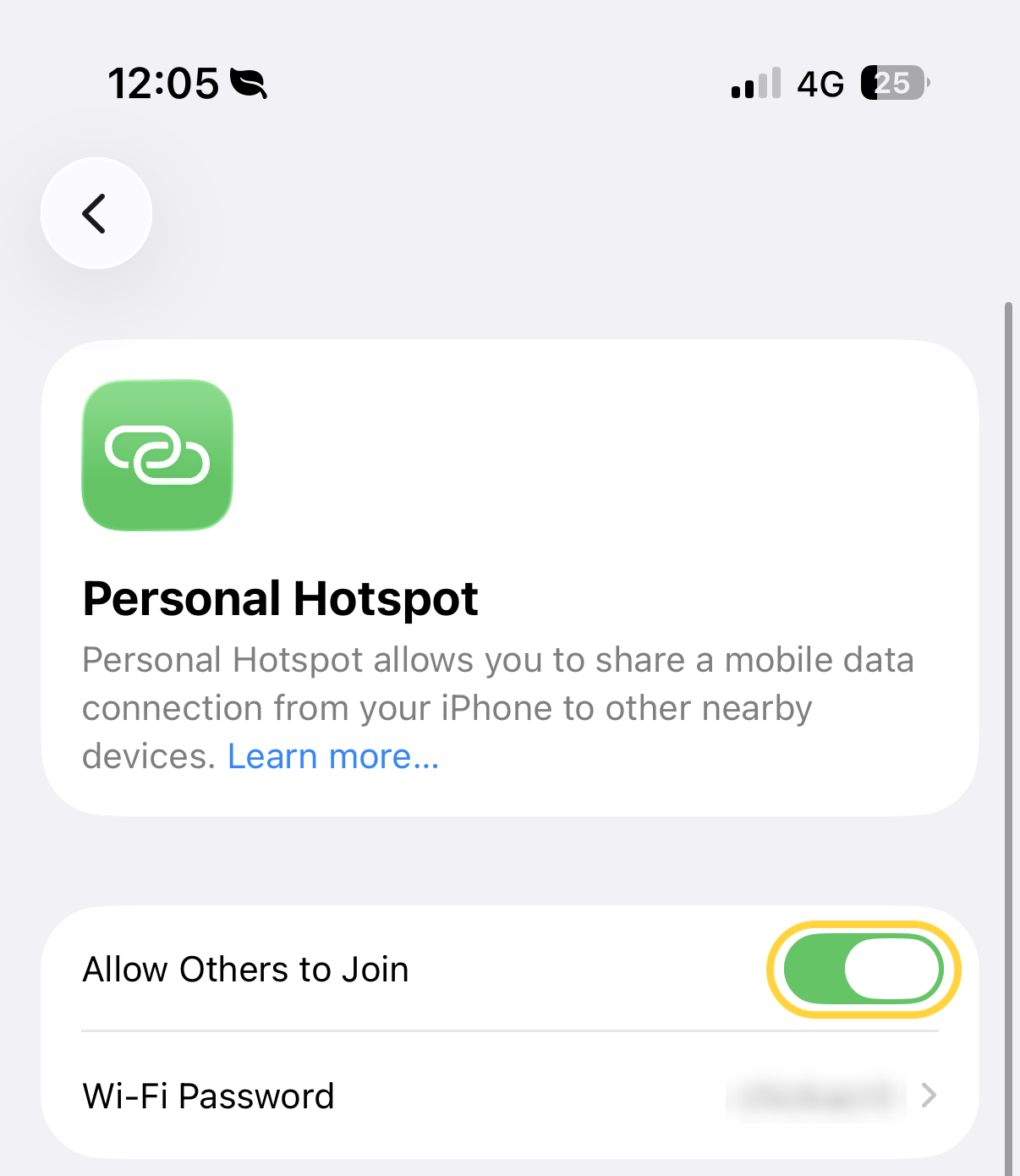 iPhone Personal Hotspot settings with Allow Others to Join circled in yellow.