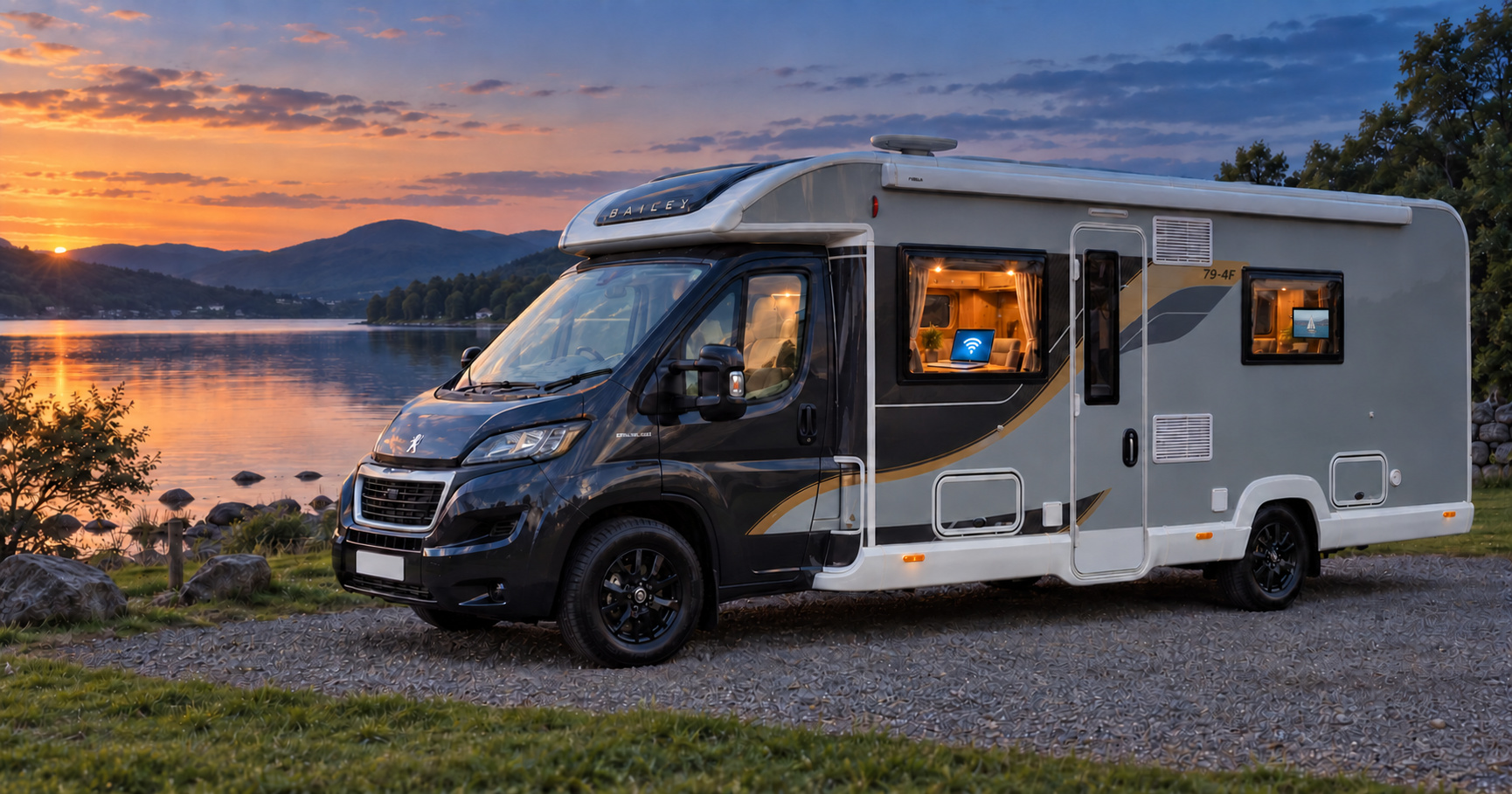A Bailey coachbuilt motorhome parked beside a loch at sunset, lit inside, with a laptop visible through the window.