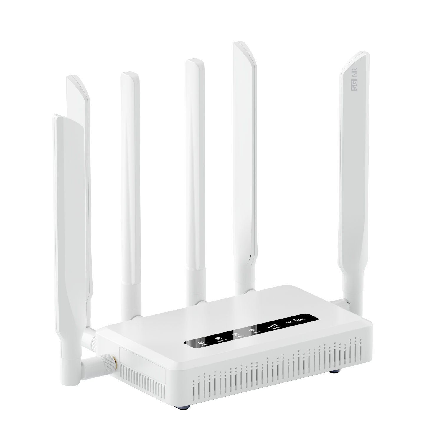 White GL.iNet Spitz AX router with six external aerials.