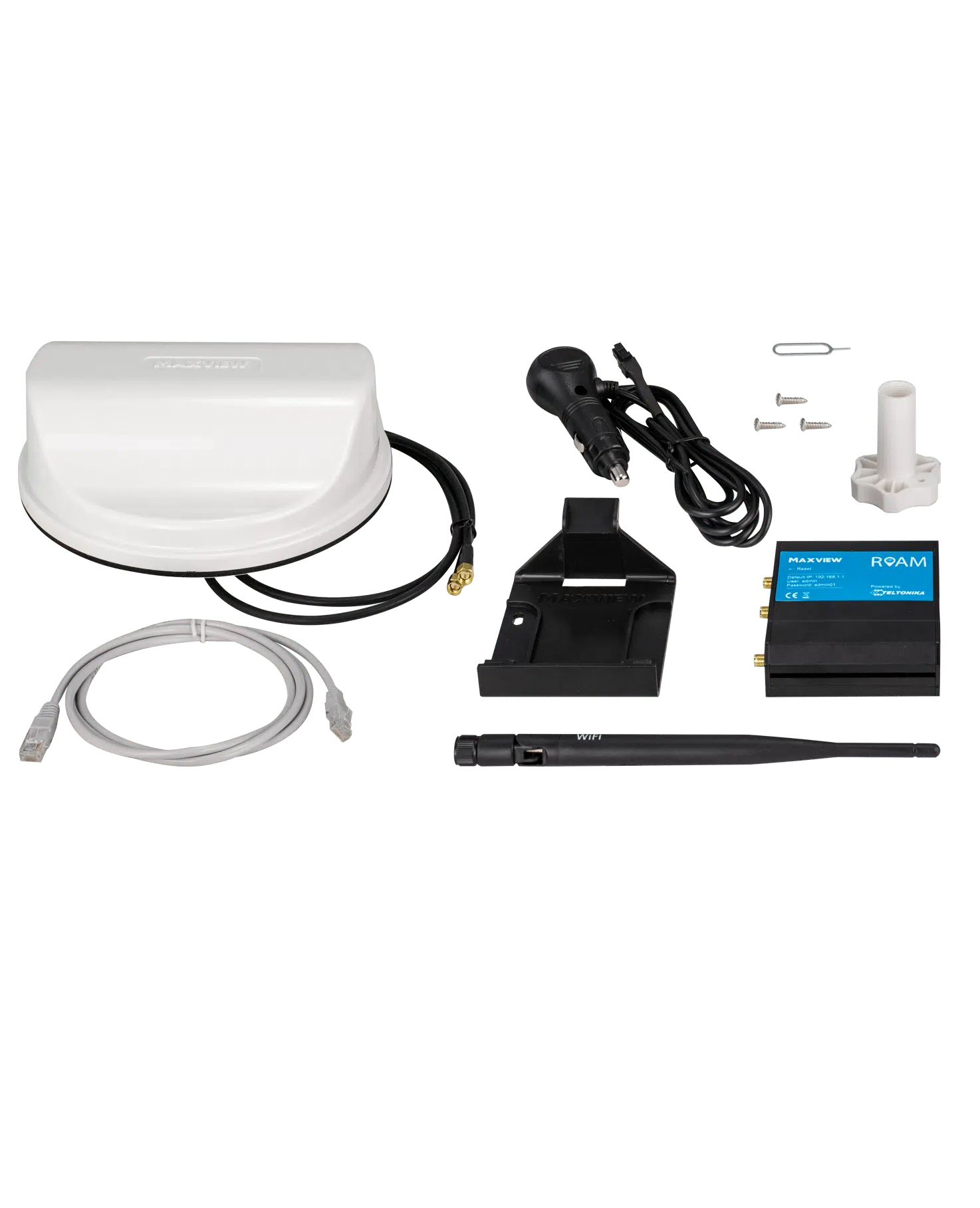 Maxview Roam MXL050 kit with router, roof aerial, cables and fittings.