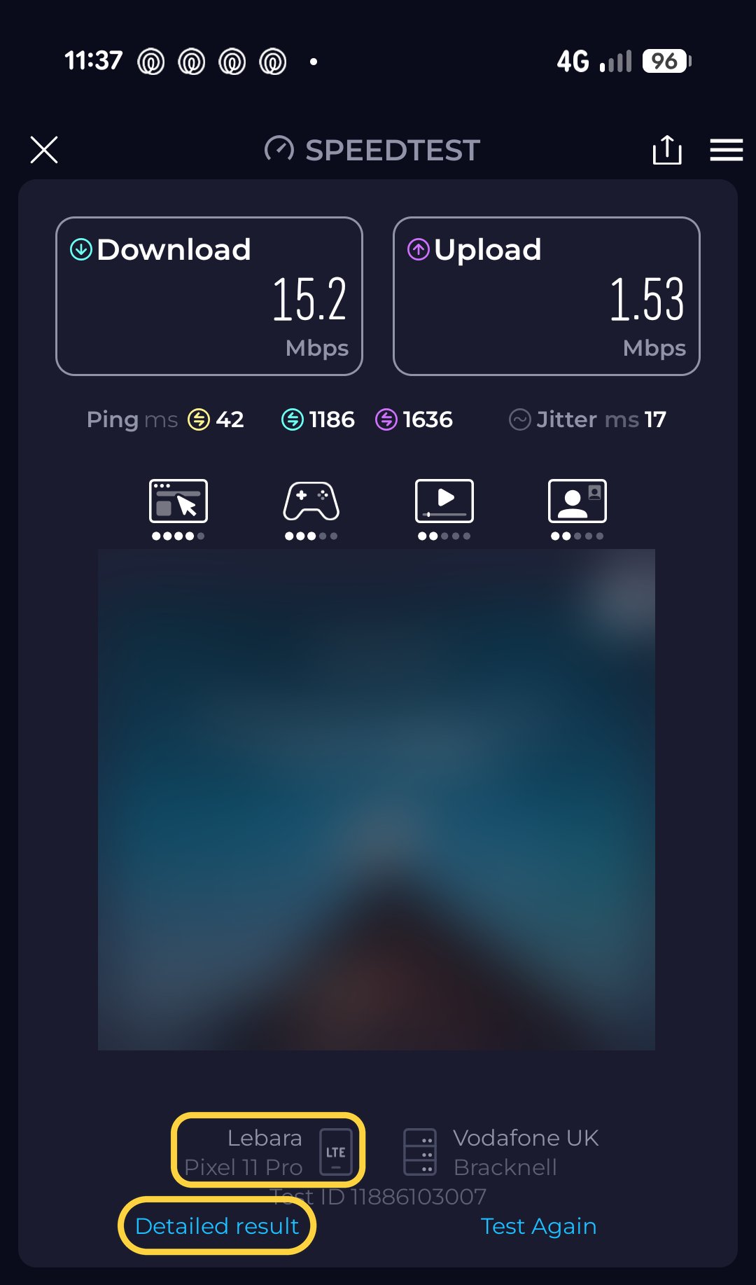 The Speedtest result screen showing 15.2 Mbps download and 1.53 Mbps upload, with the advert blurred out, and the network name Lebara, the phone model and its LTE badge circled in yellow, along with the Detailed result link.